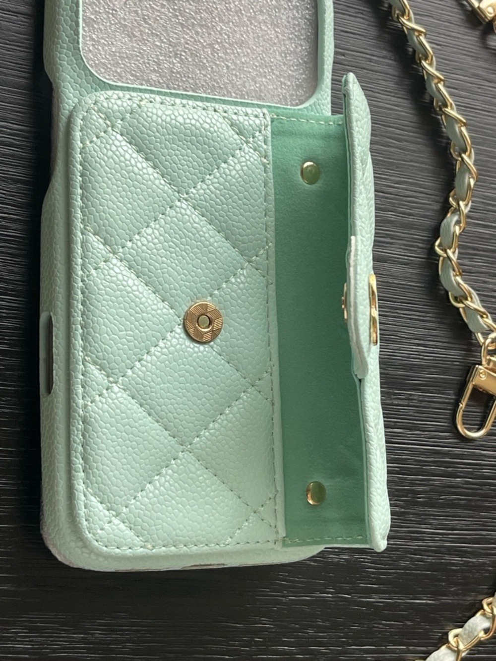 iPhone 17 Pro Max Quilted Teal Green Crossbody Phone Case with Gold Chain. - Picture 5 of 5